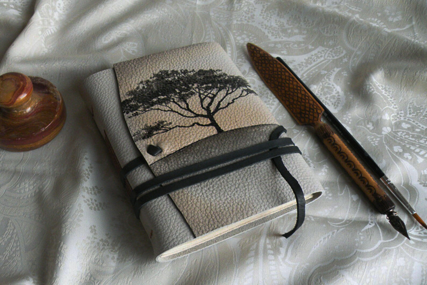 beige leather journal, custom monogram, personalized leather journal with vintage style paper - Mysterious Tree
