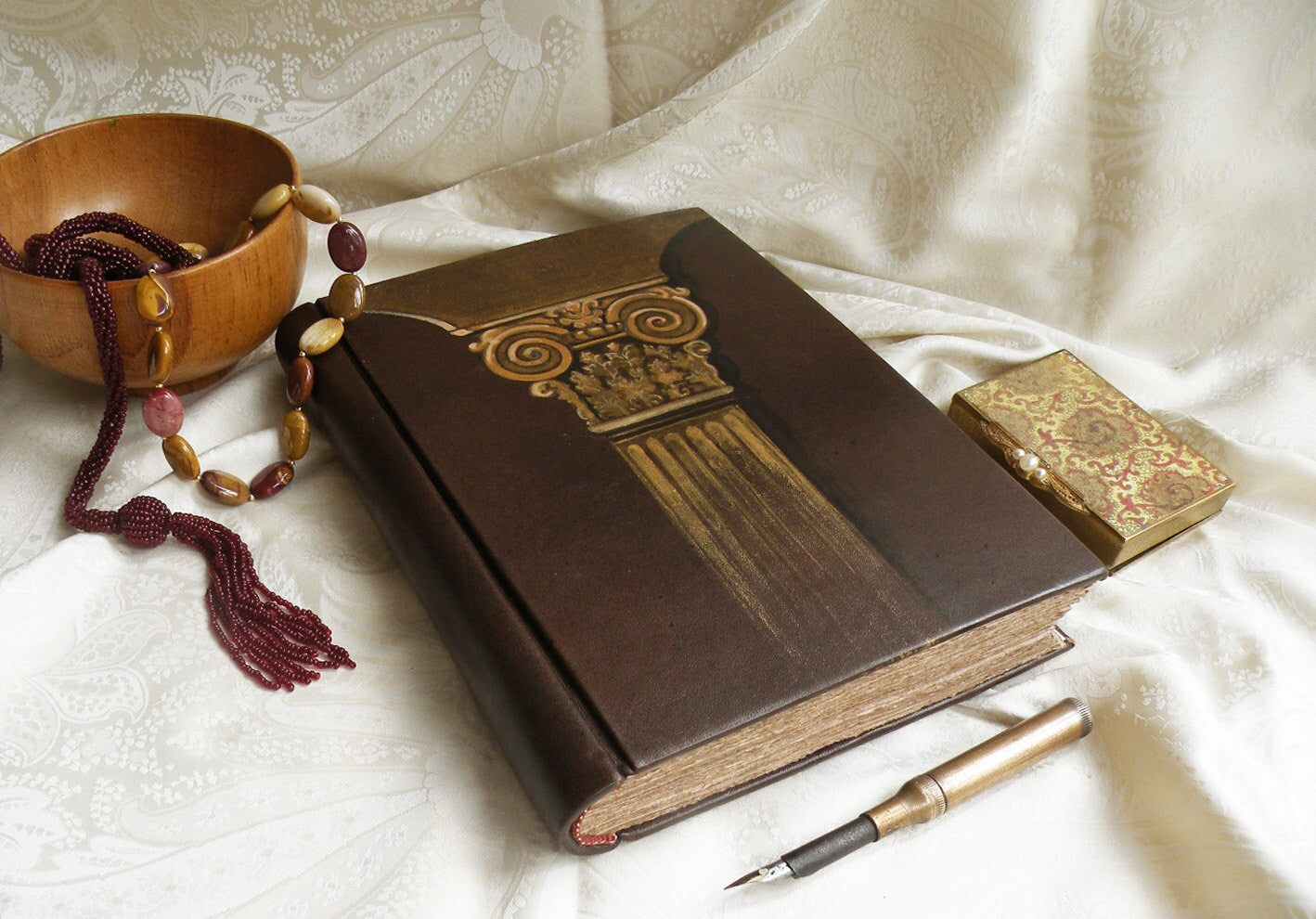 large victorian leather journal - hand painted large blank book - aged paper - old style binding - art journal