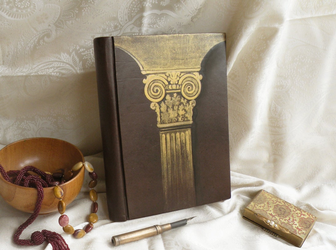 large victorian leather journal - hand painted large blank book - aged paper - old style binding - art journal