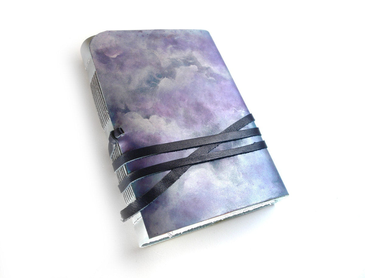 blue sky leather journal, writing diary, leather notebook, personalized leather cover journal, unlined white paper, Silver Lining