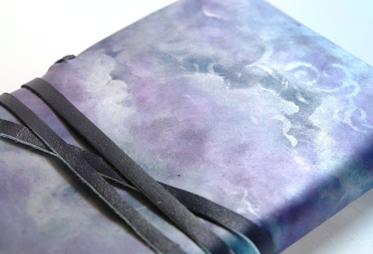blue sky leather journal, writing diary, leather notebook, personalized leather cover journal, unlined white paper, Silver Lining