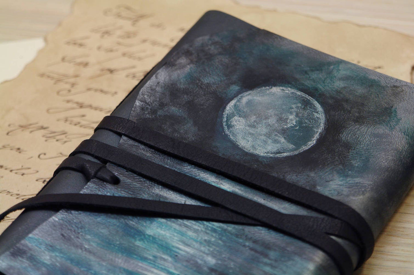 Dark blue leather journal - romantic notebook - blue diary with vintage style pages - Lacustrine