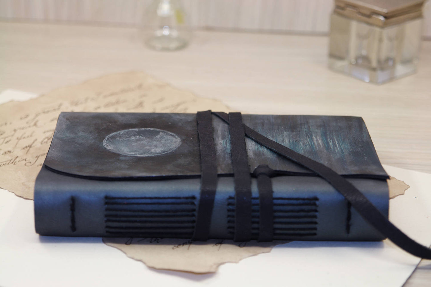 Dark blue leather journal - romantic notebook - blue diary with vintage style pages - Lacustrine