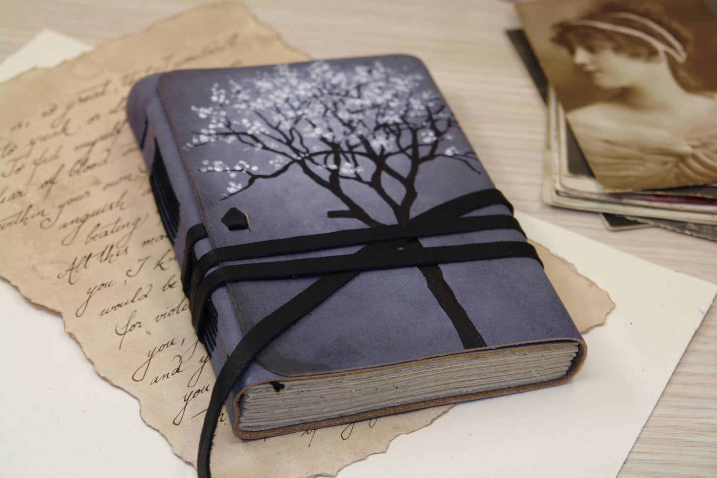 blue leather journal - hand bound vintage style notebook, old stained aged pages
