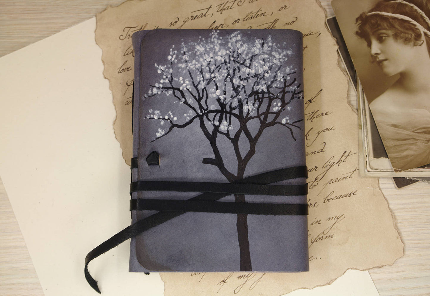 blue leather journal - hand bound vintage style notebook, old stained aged pages