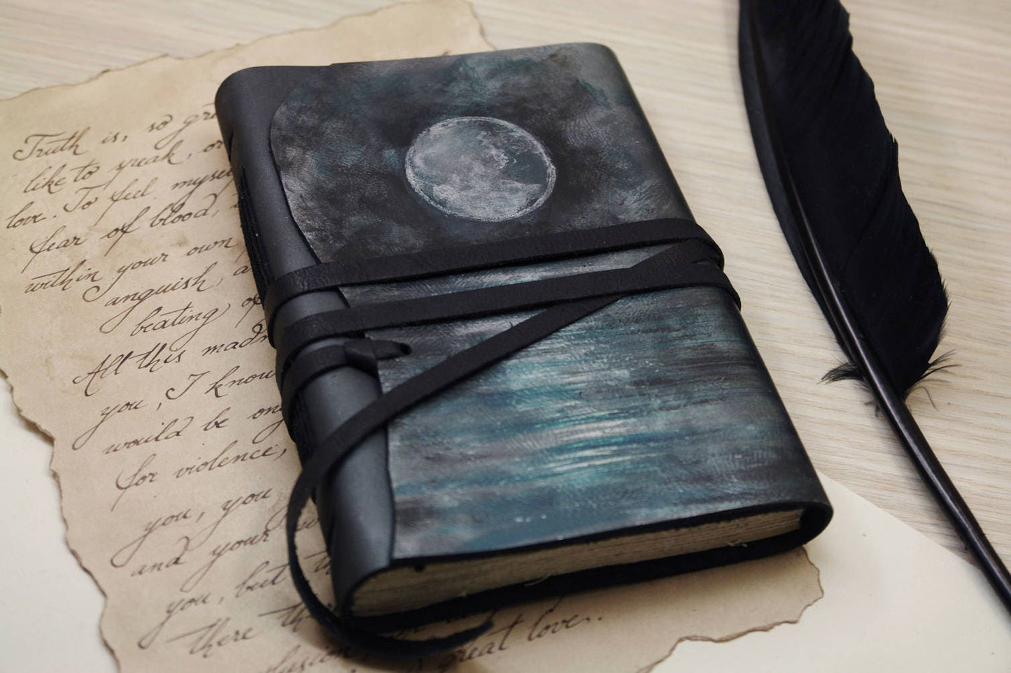 Dark blue leather journal - romantic notebook - blue diary with vintage style pages - Lacustrine