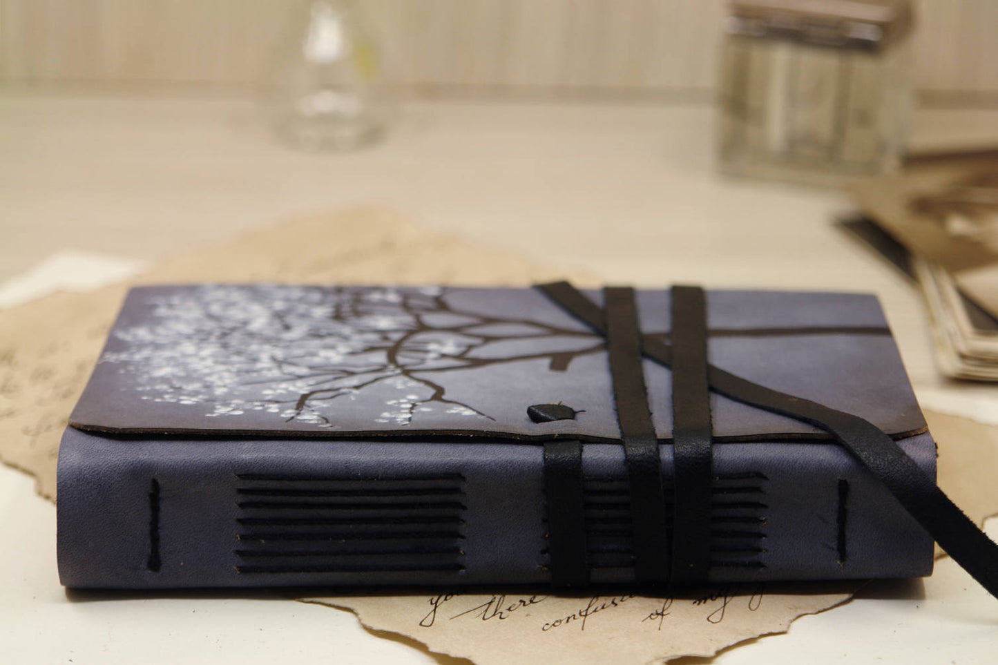 blue leather journal - hand bound vintage style notebook, old stained aged pages