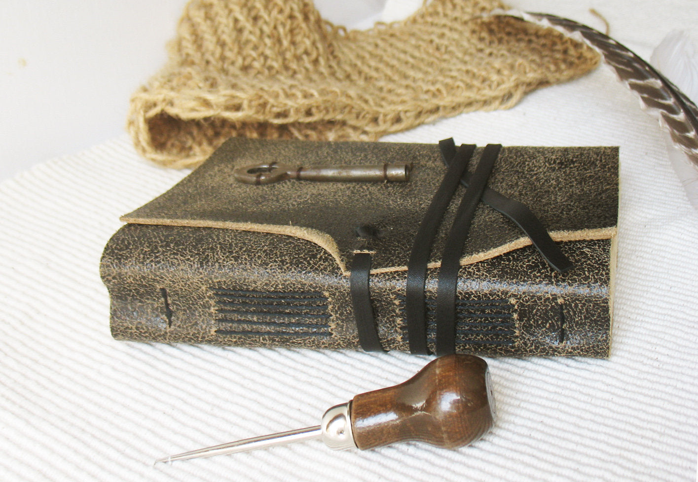 leather journal with vintage skeleton key and vintage style pages, dark brown leather cover - Unspoken