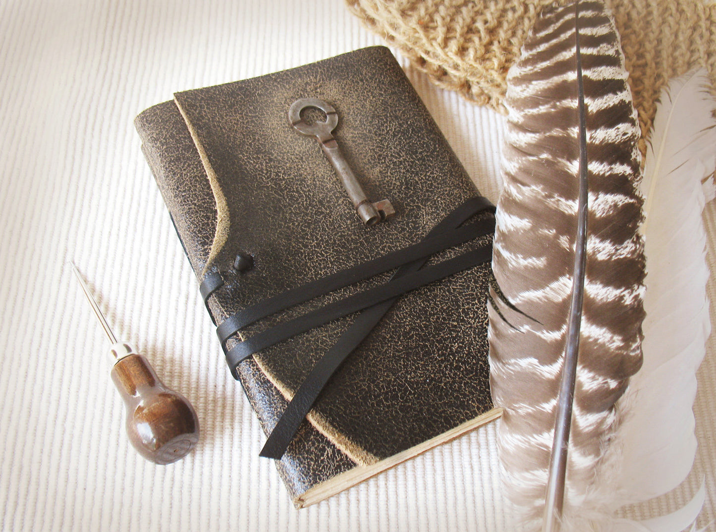 leather journal with vintage skeleton key and vintage style pages, dark brown leather cover - Unspoken
