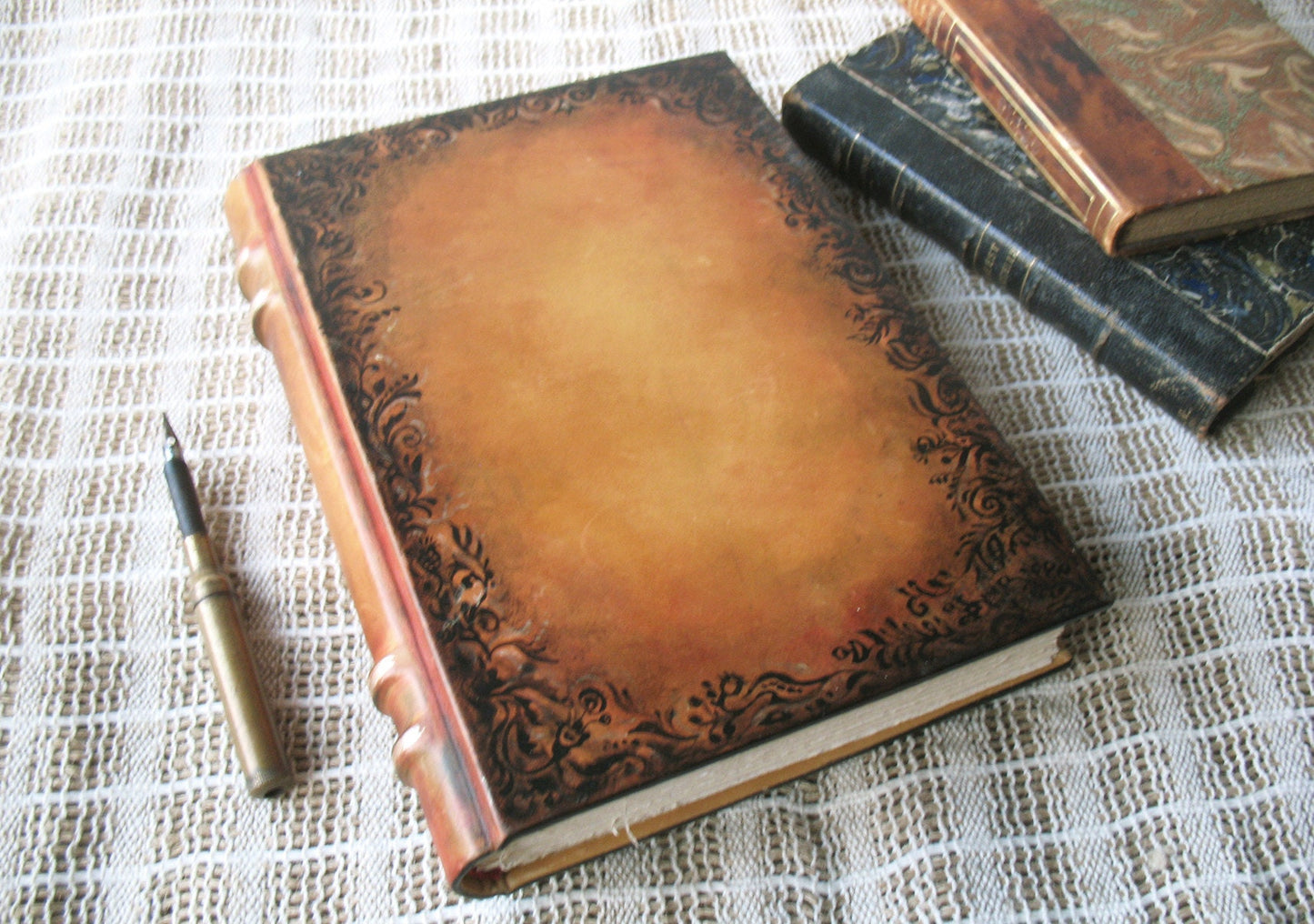 large leather journal - handmade large brown blank book - painted leather journal - medieval style blank book - vintage style paper