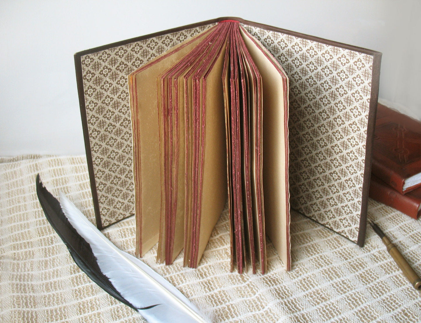 large leather journal - handmade large brown blank book - painted in gold leather journal - medieval style - vintage style stained paper
