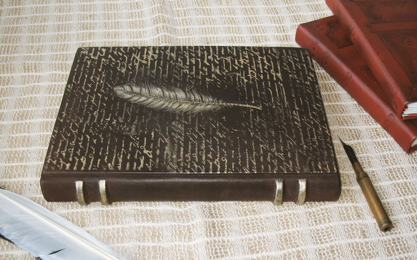 large leather journal - handmade large brown blank book - painted in gold leather journal - medieval style - vintage style stained paper