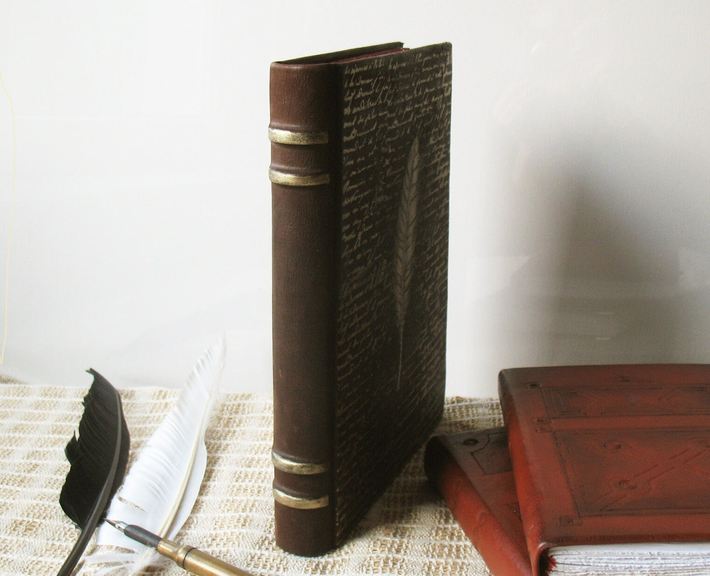 large leather journal - handmade large brown blank book - painted in gold leather journal - medieval style - vintage style stained paper