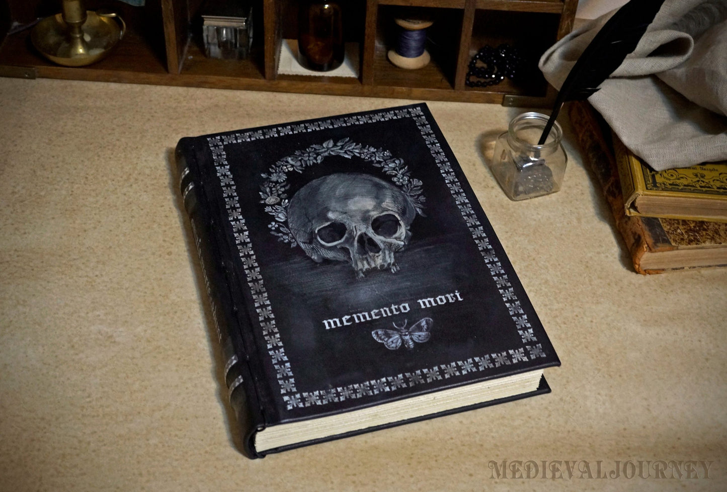 black leather journal, large leather journal / huge sketchbook, dark book, peculiar odd notebook with vintage paper - Memento Mori