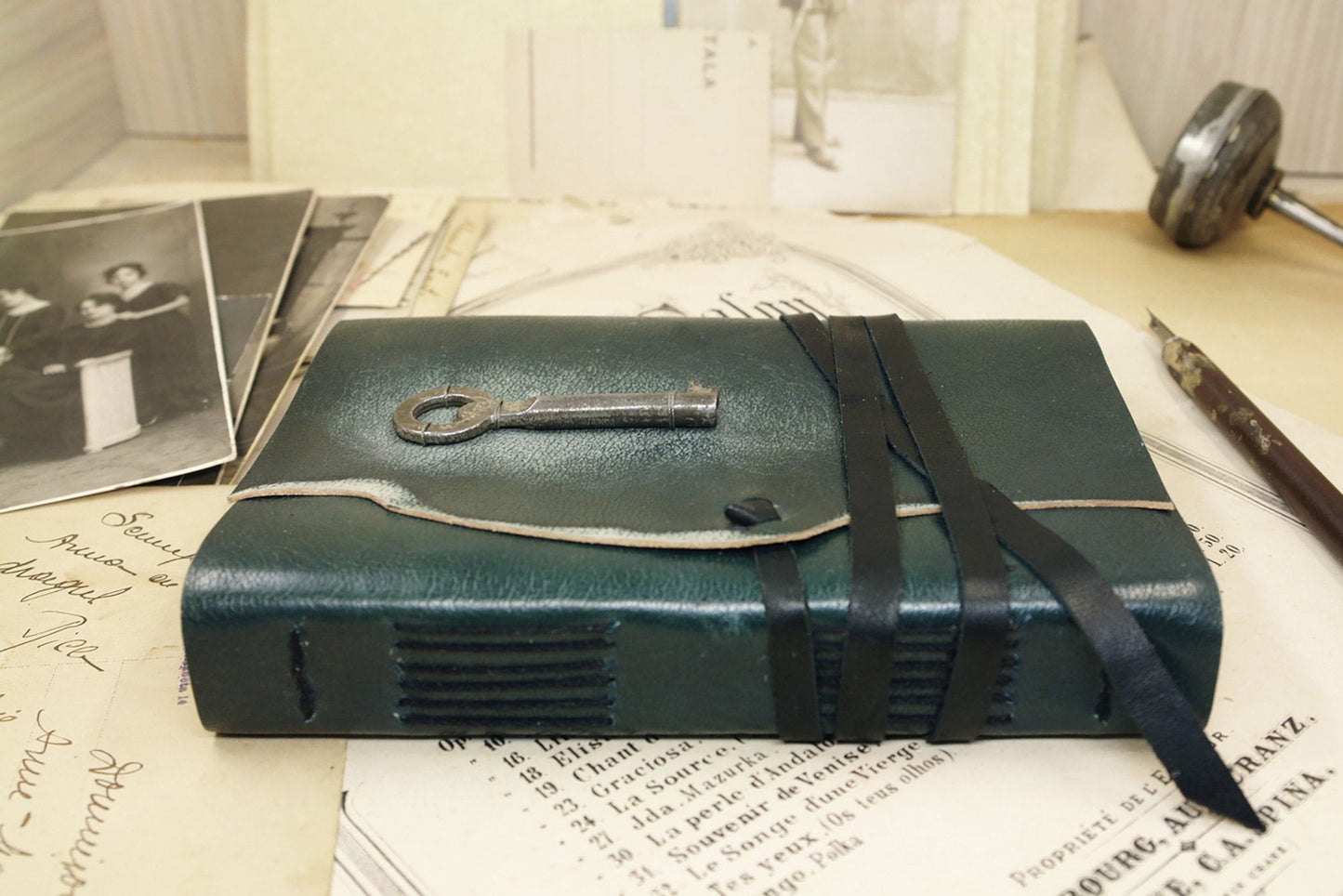 green leather journal - romantic notebook - diary with vintage style pages - The Key of Memories