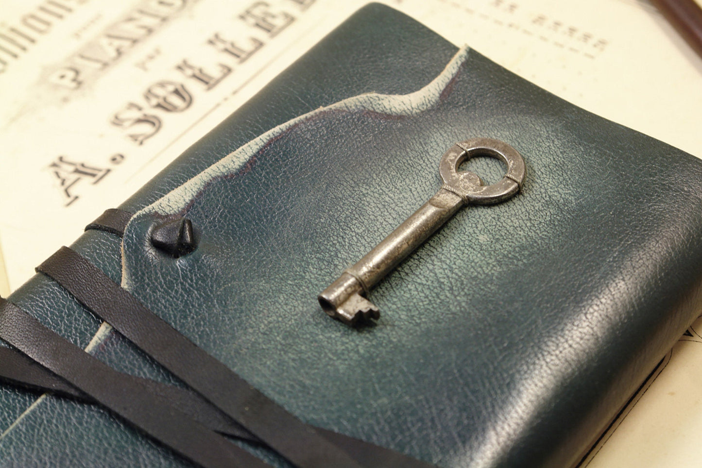 green leather journal - romantic notebook - diary with vintage style pages - The Key of Memories