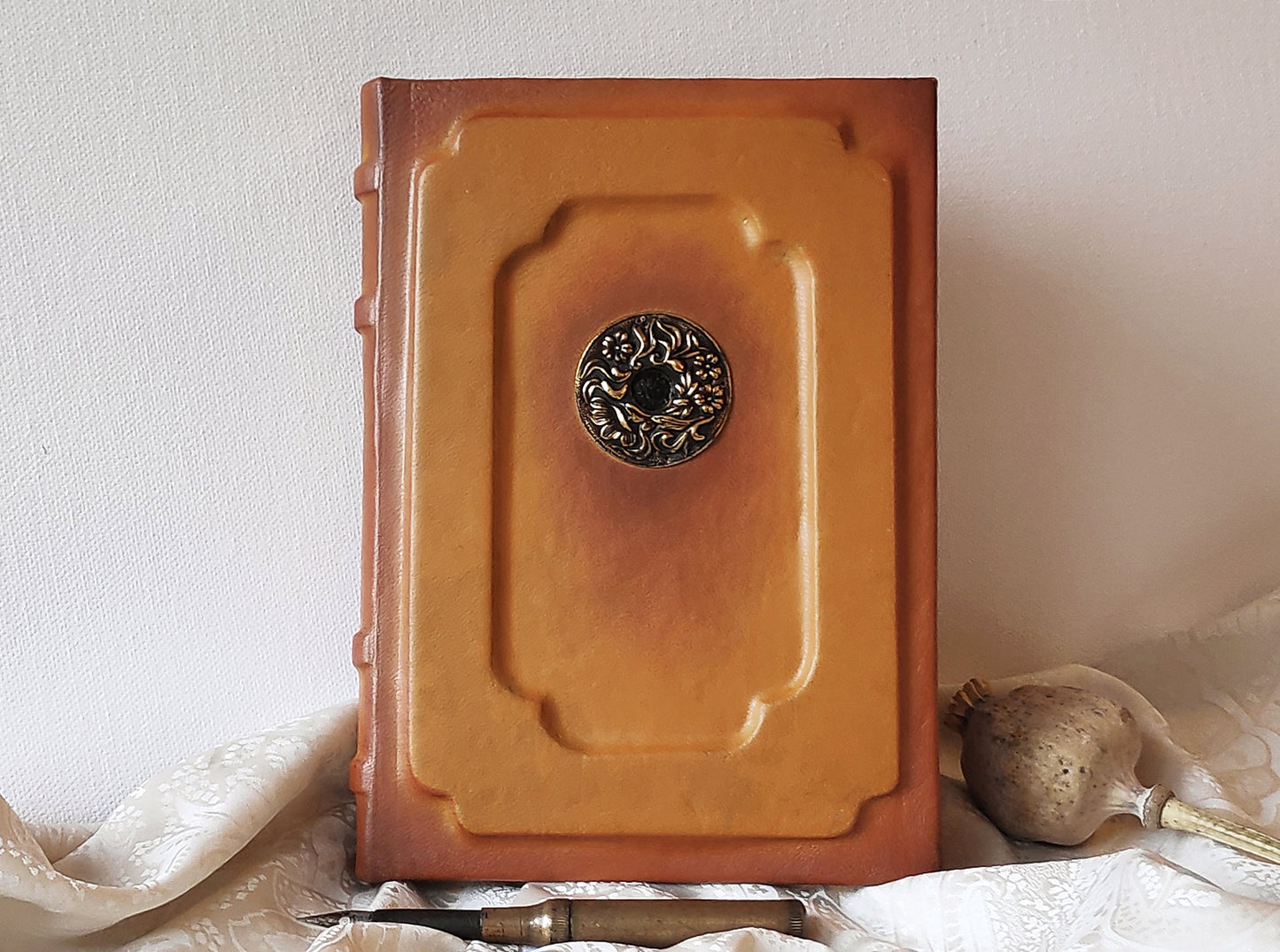 Medieval leather journal - handmade large yellow ocher blank book - medieval style - vintage style paper