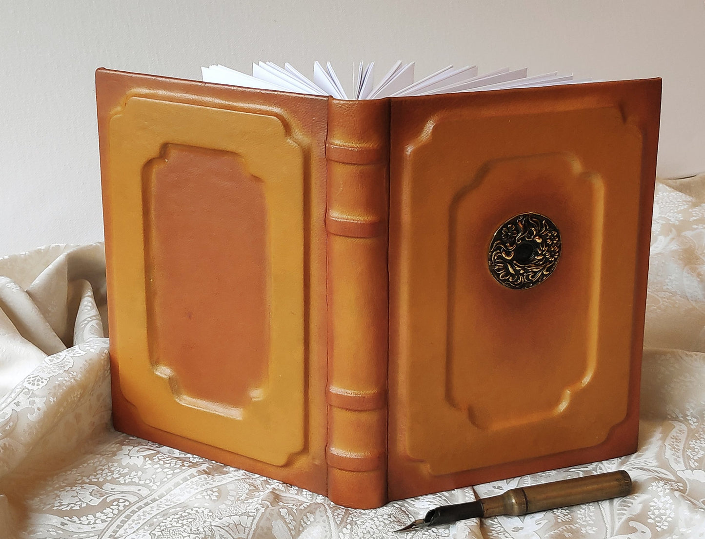 Medieval leather journal - handmade large yellow ocher blank book - medieval style - vintage style paper