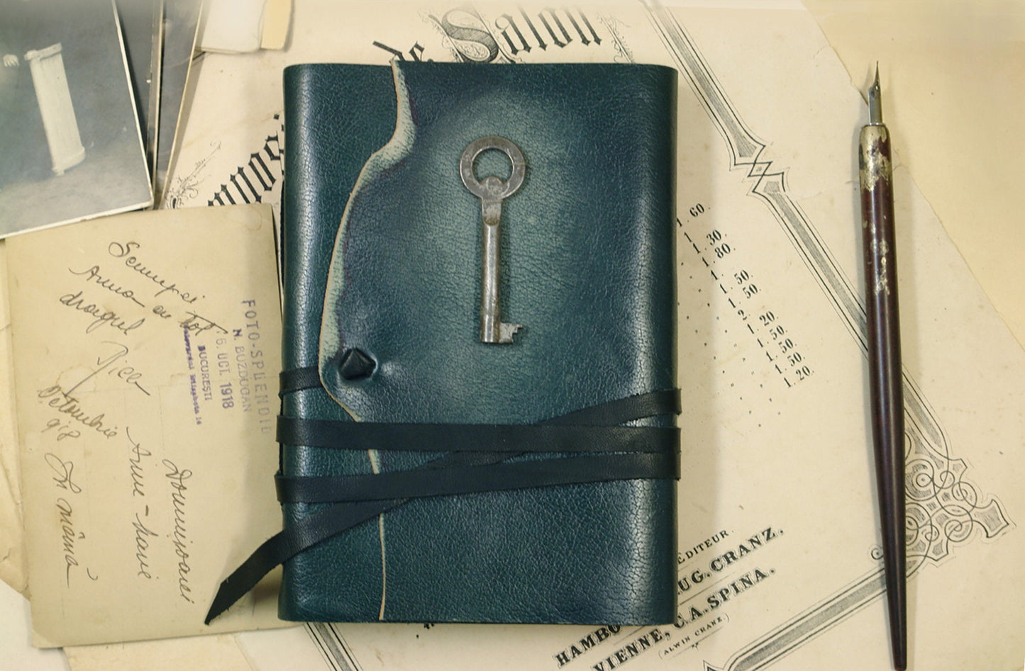 green leather journal - romantic notebook - diary with vintage style pages - The Key of Memories