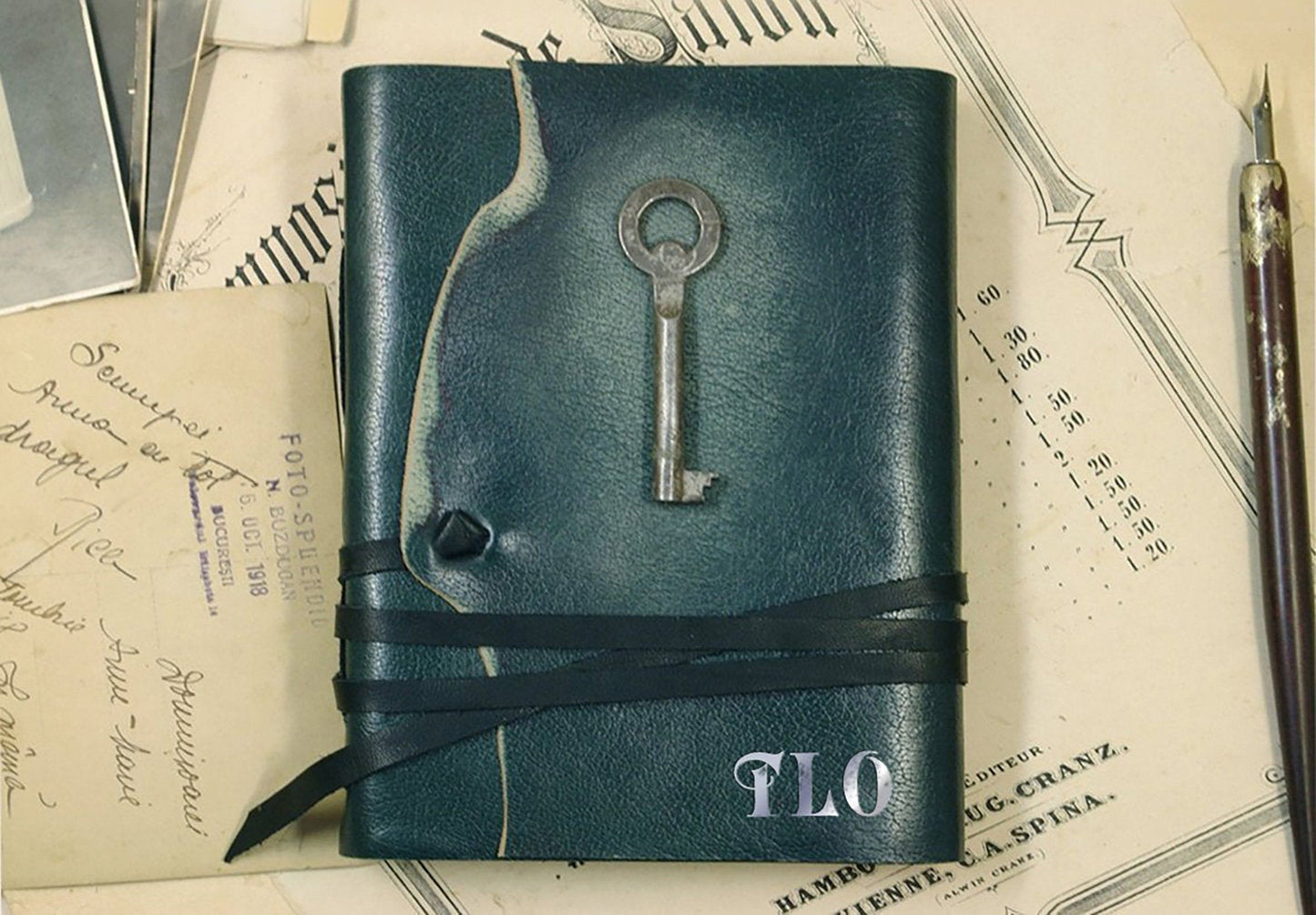 green leather journal - romantic notebook - diary with vintage style pages - The Key of Memories
