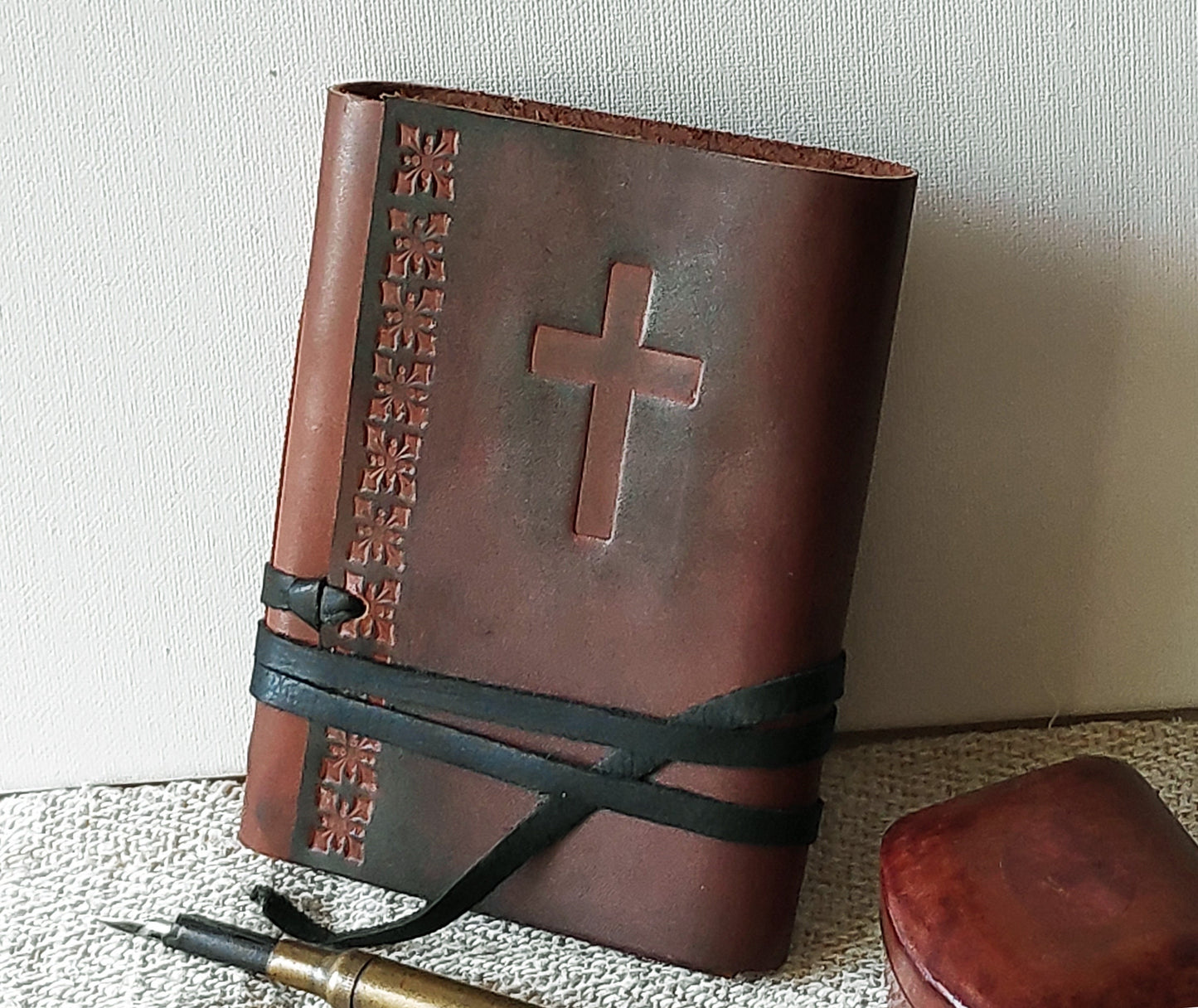 Prayer journal, cross leather journal, gratitude notebook with cross, vintage style cover, leather journal with cross, gratitude journal