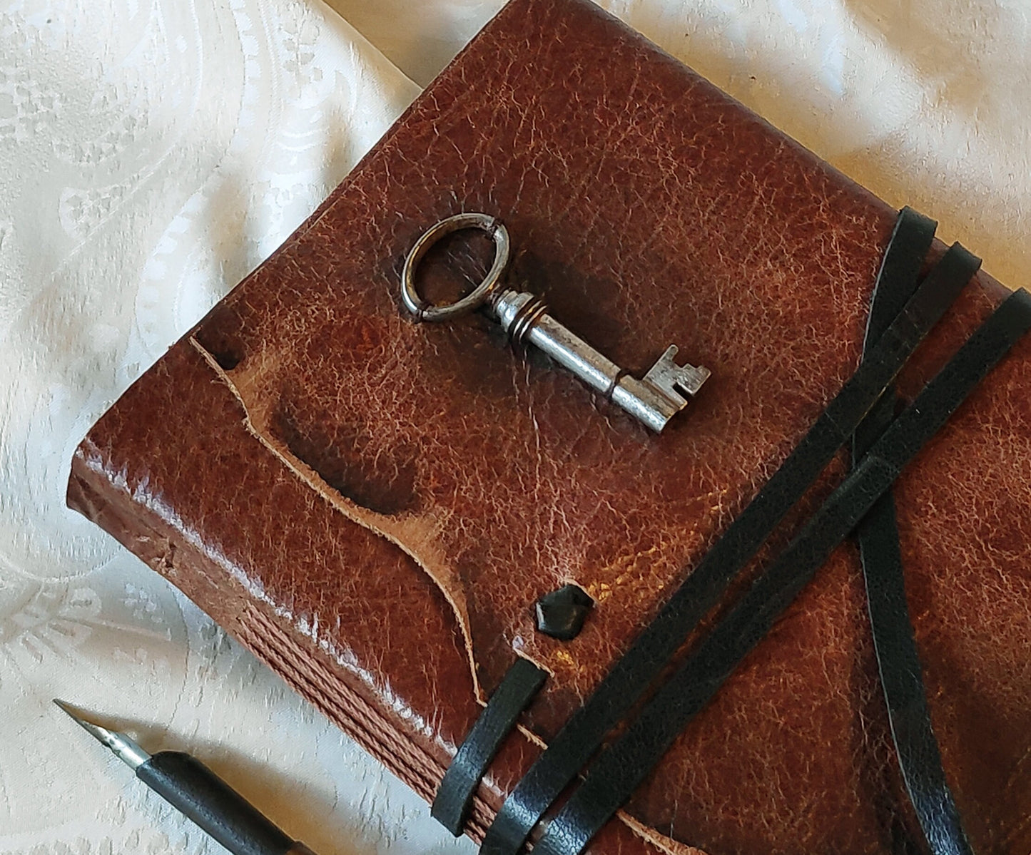 leather journal, chestnut vintage style cover with old key, handmade leather notebook, vintage style paper, pocket travel diary