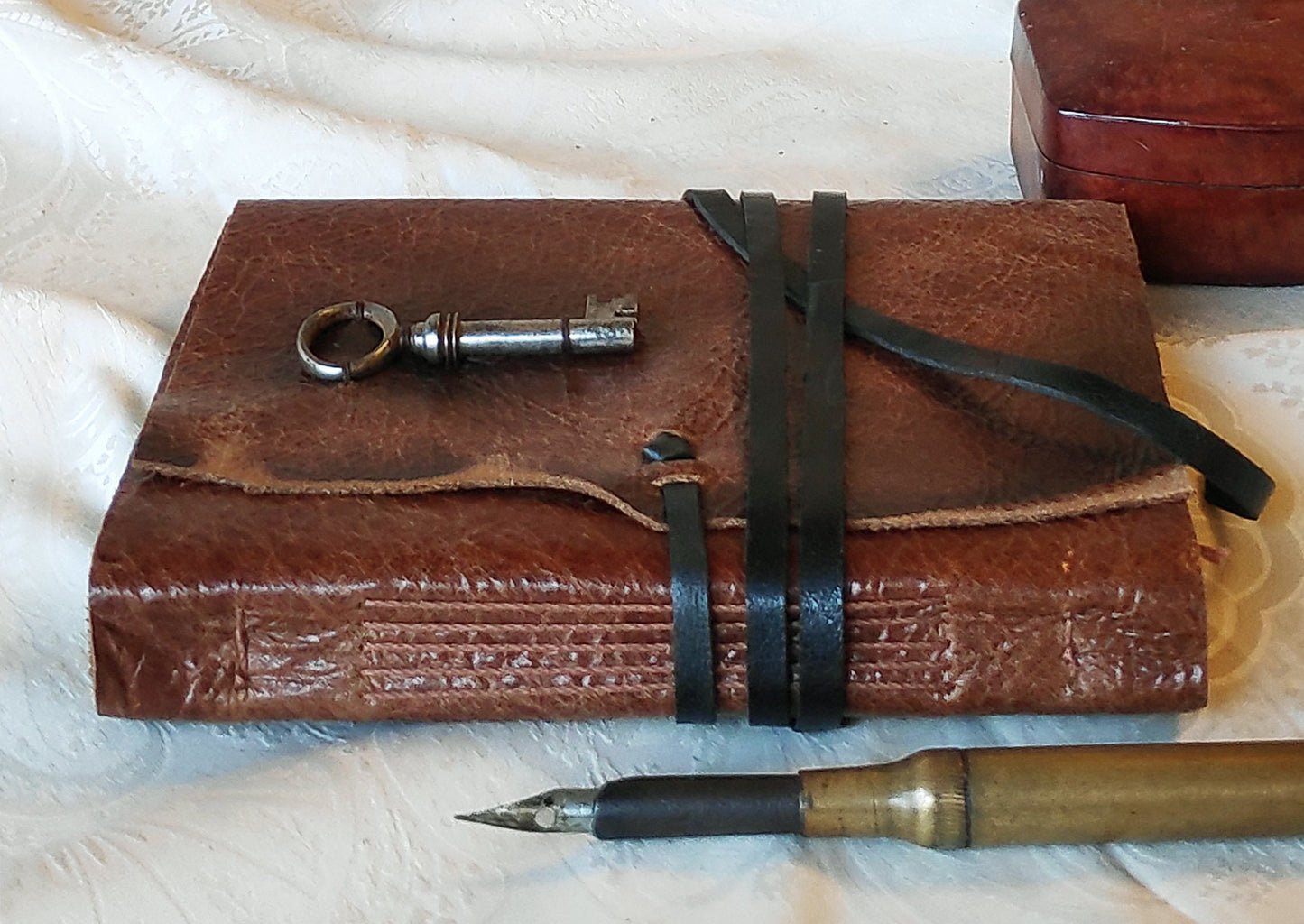 leather journal, chestnut vintage style cover with old key, handmade leather notebook, vintage style paper, pocket travel diary