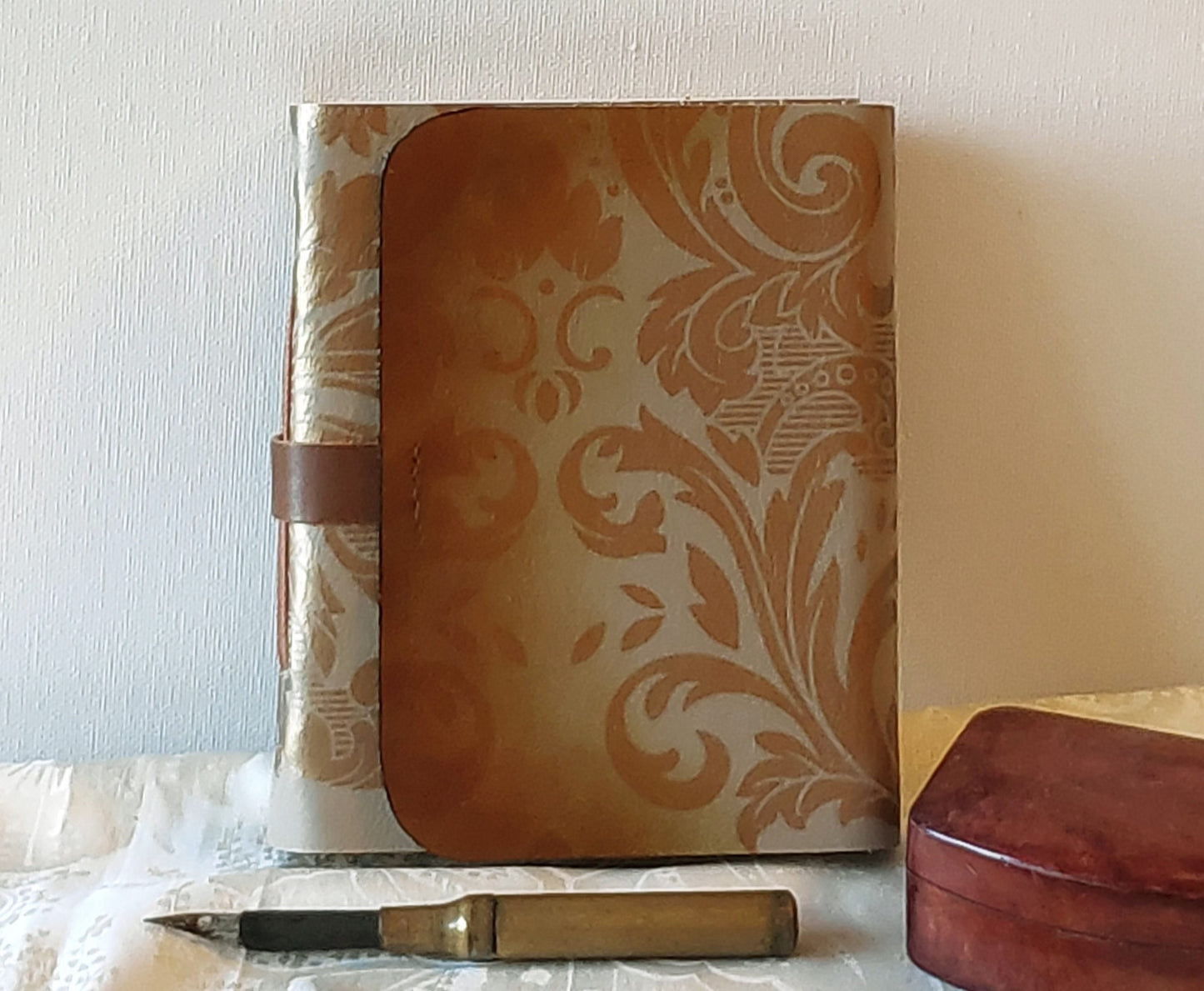 golden beige leather journal, leather notebook with vintage style paper, vintage style cover, handmade travel diary