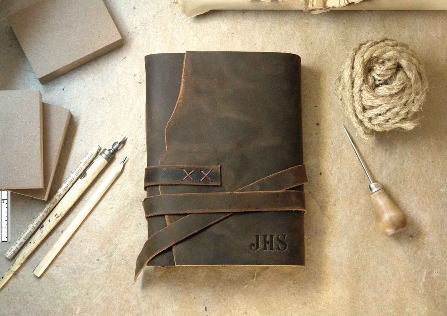 leather journal with vintage style paper, customizable with monogram and text, rustic leather journal - brown travel diary