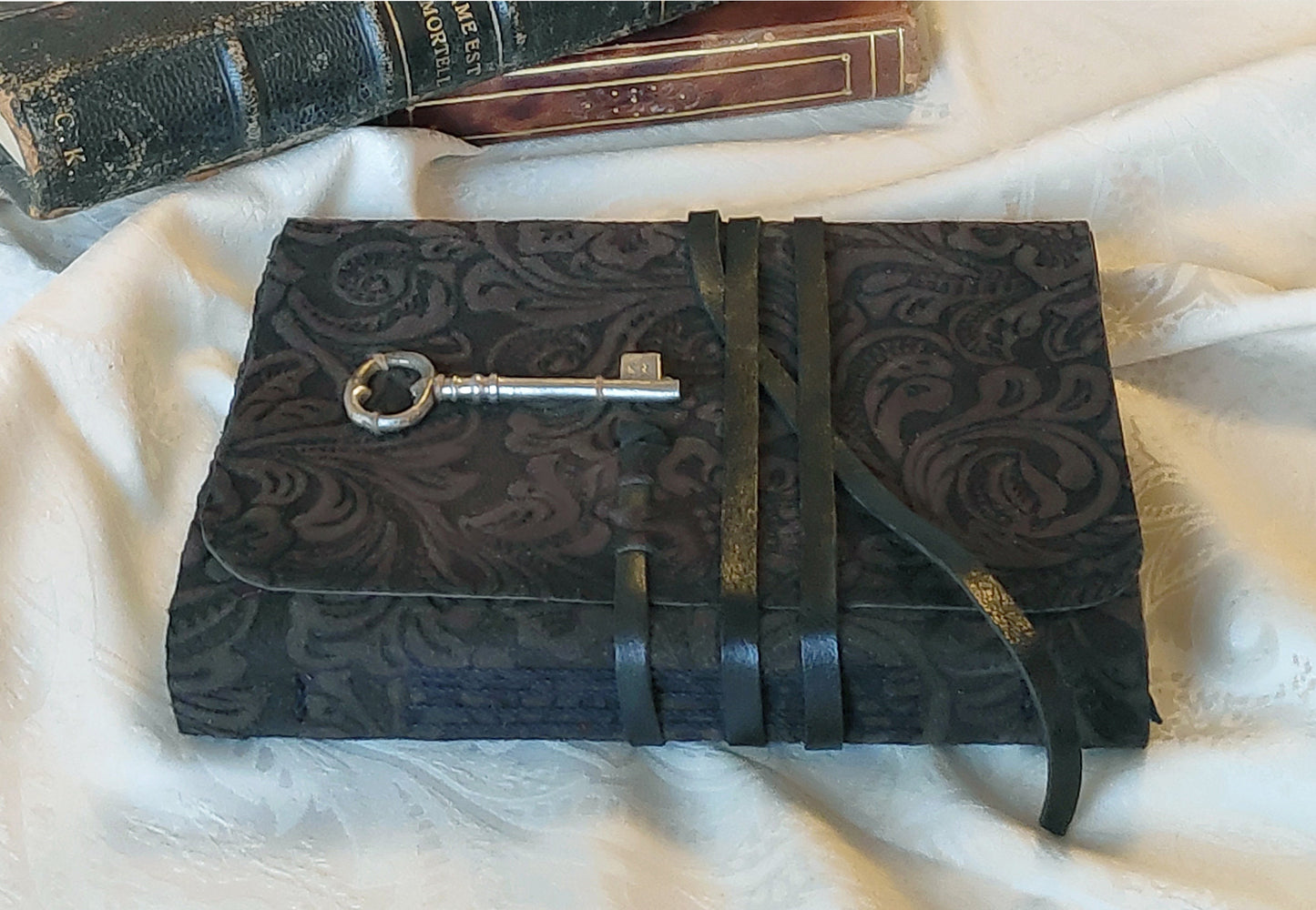 brown suede journal, vintage style cover with old key, leather notebook, travel diary, vintage style paper, pocket journal