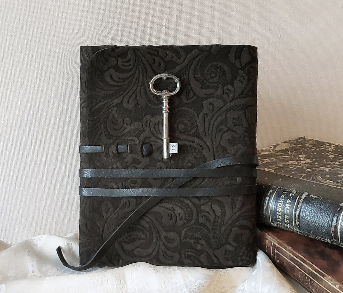 brown suede journal, vintage style cover with old key, leather notebook, travel diary, vintage style paper, pocket journal