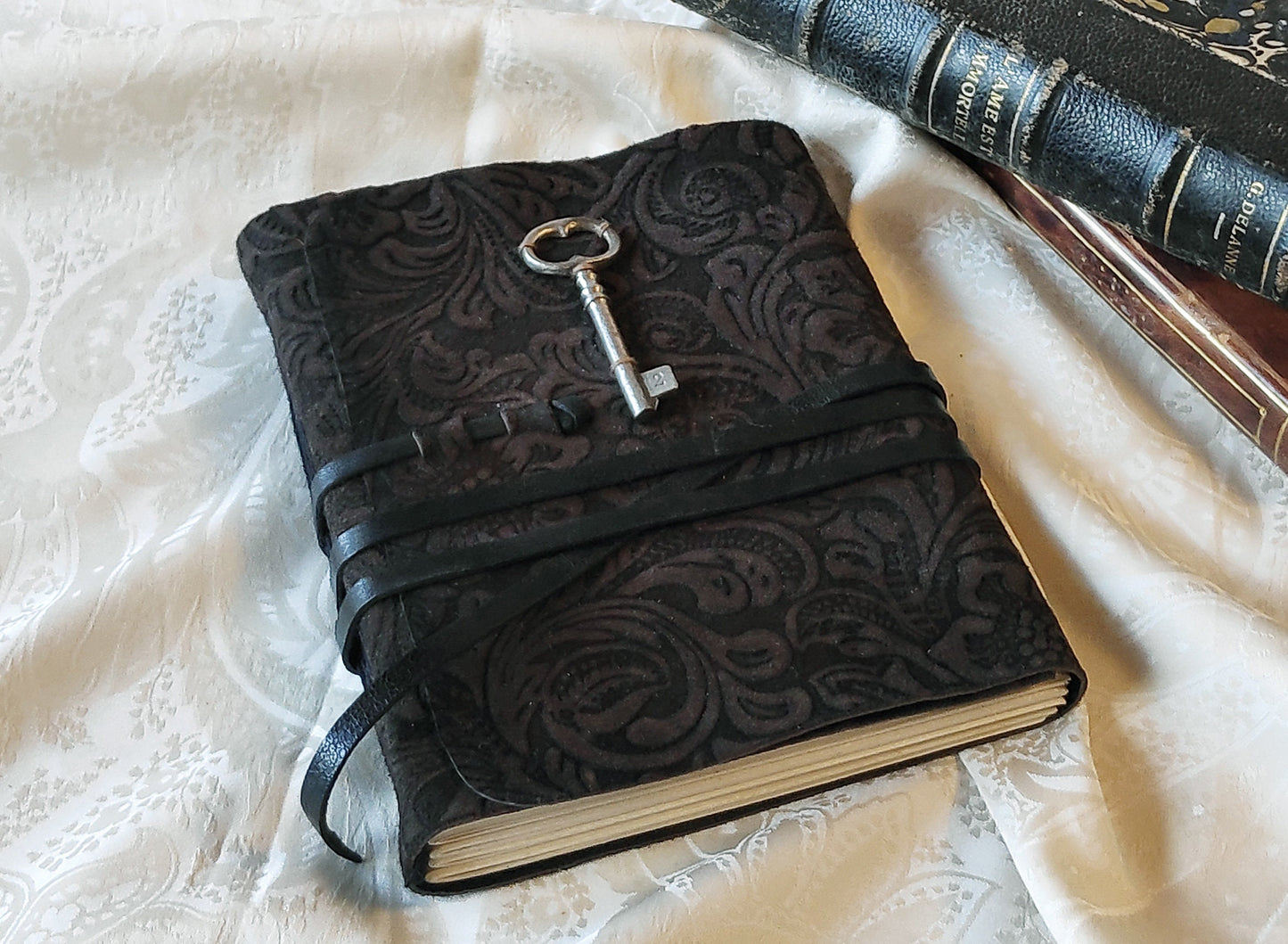 brown suede journal, vintage style cover with old key, leather notebook, travel diary, vintage style paper, pocket journal