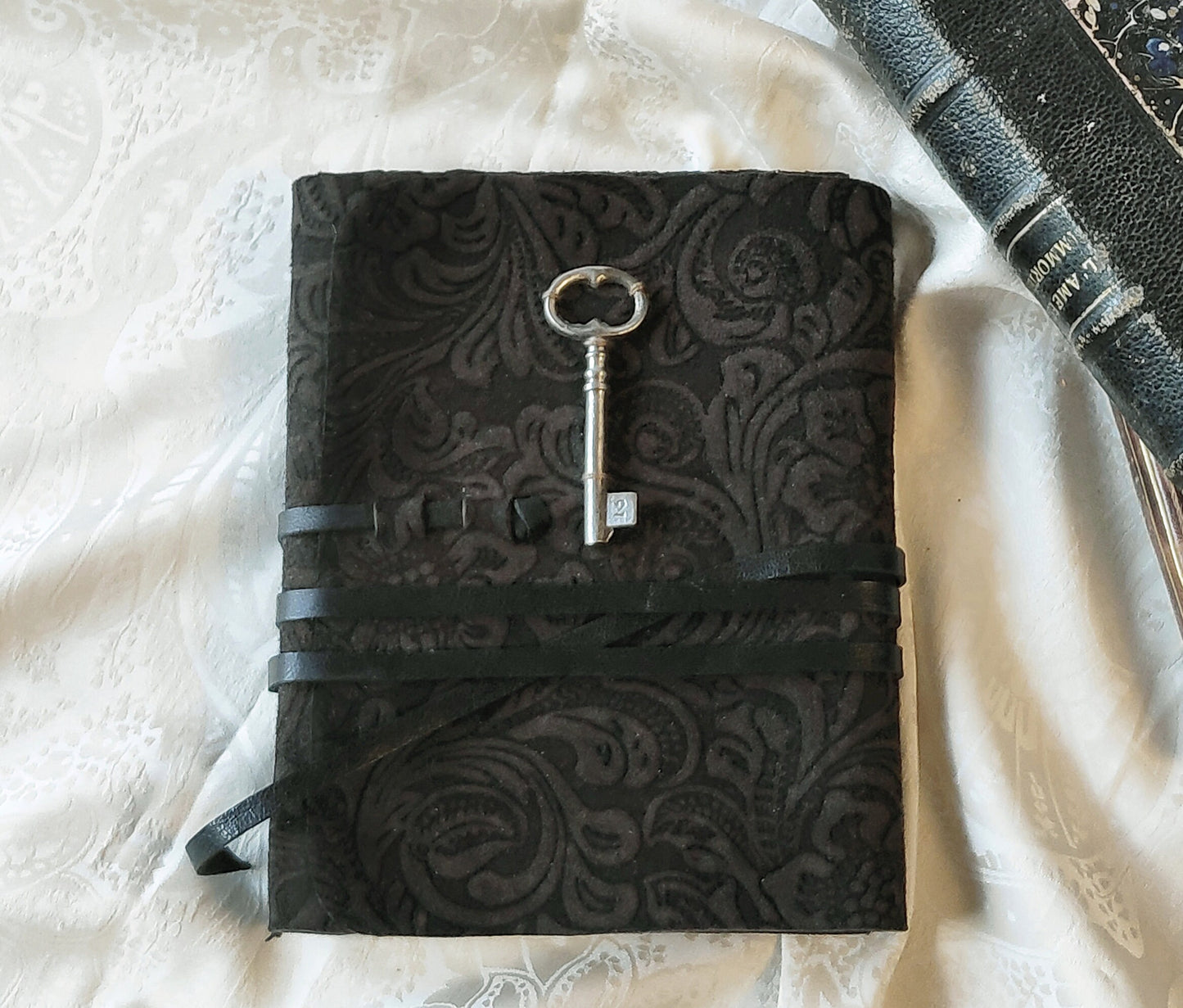 brown suede journal, vintage style cover with old key, leather notebook, travel diary, vintage style paper, pocket journal