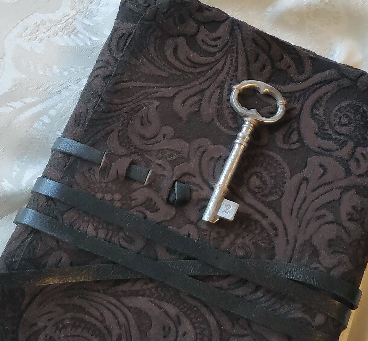 brown suede journal, vintage style cover with old key, leather notebook, travel diary, vintage style paper, pocket journal