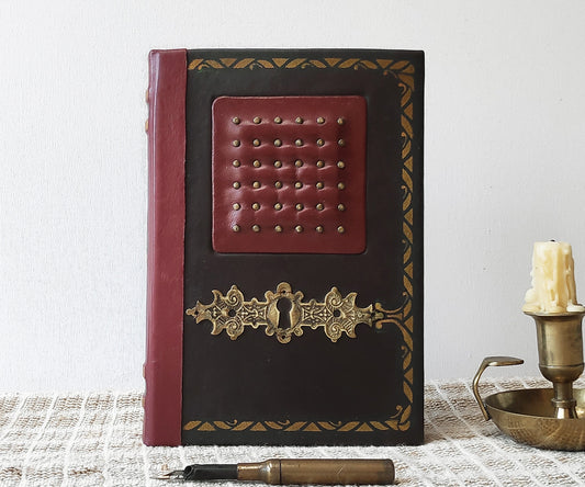 Victorian leather journal, brown and red blank book, vintage style leather cover, old notebook, sketchbook