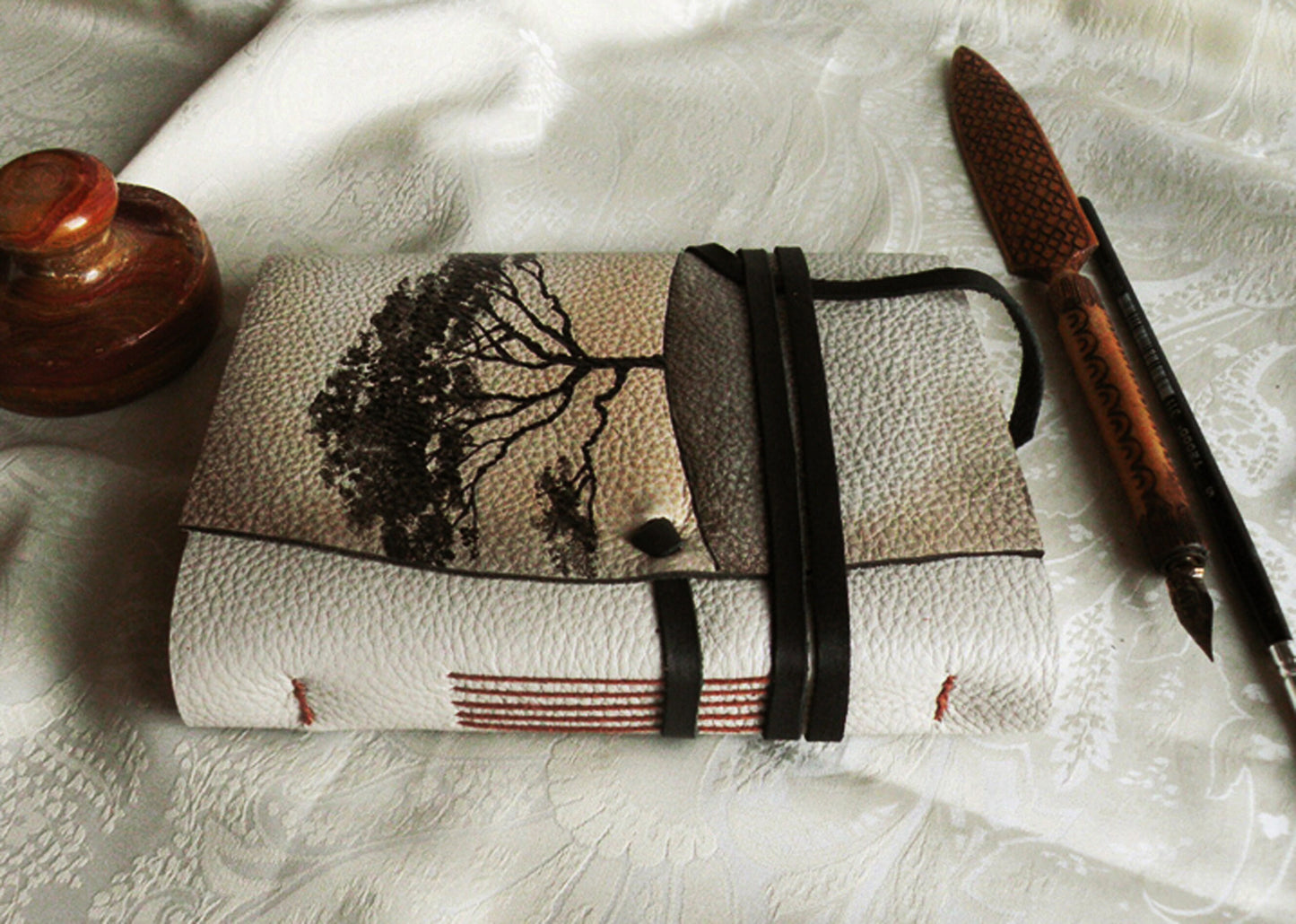 beige leather journal, custom monogram, personalized leather journal with vintage style paper - Mysterious Tree