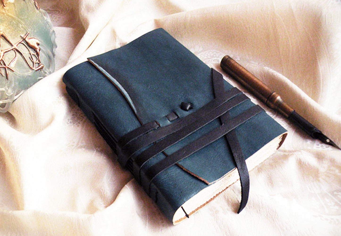 personalized leather journal, custom monogram, blue leather journal, vintage style paper, blue gray travel notebook
