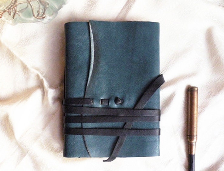 personalized leather journal, custom monogram, blue leather journal, vintage style paper, blue gray travel notebook