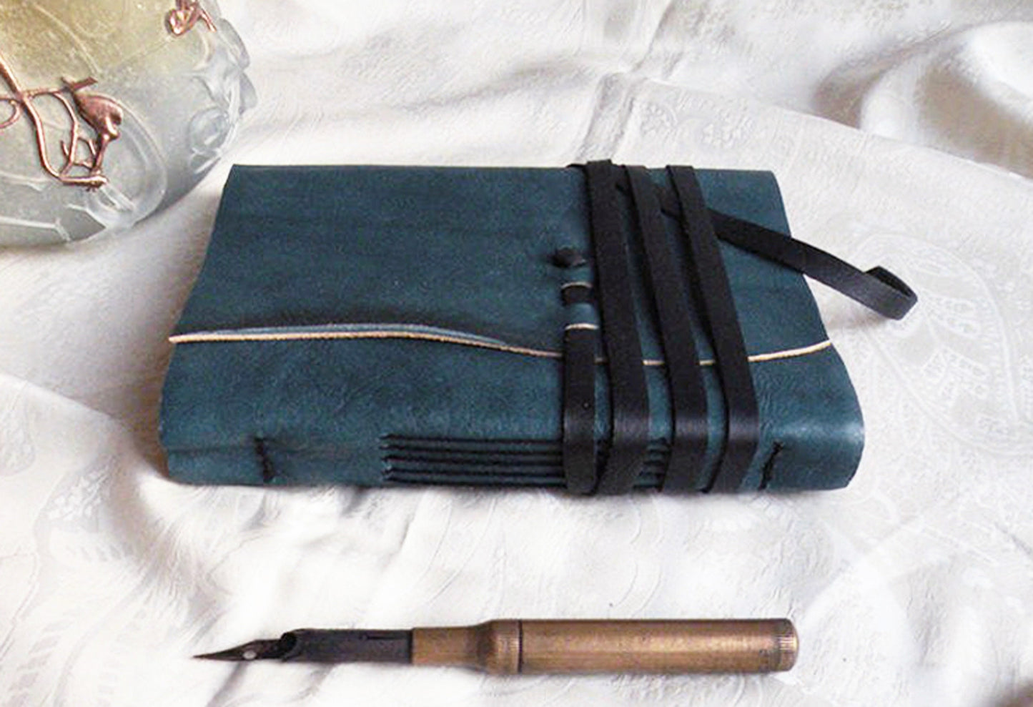 personalized leather journal, custom monogram, blue leather journal, vintage style paper, blue gray travel notebook
