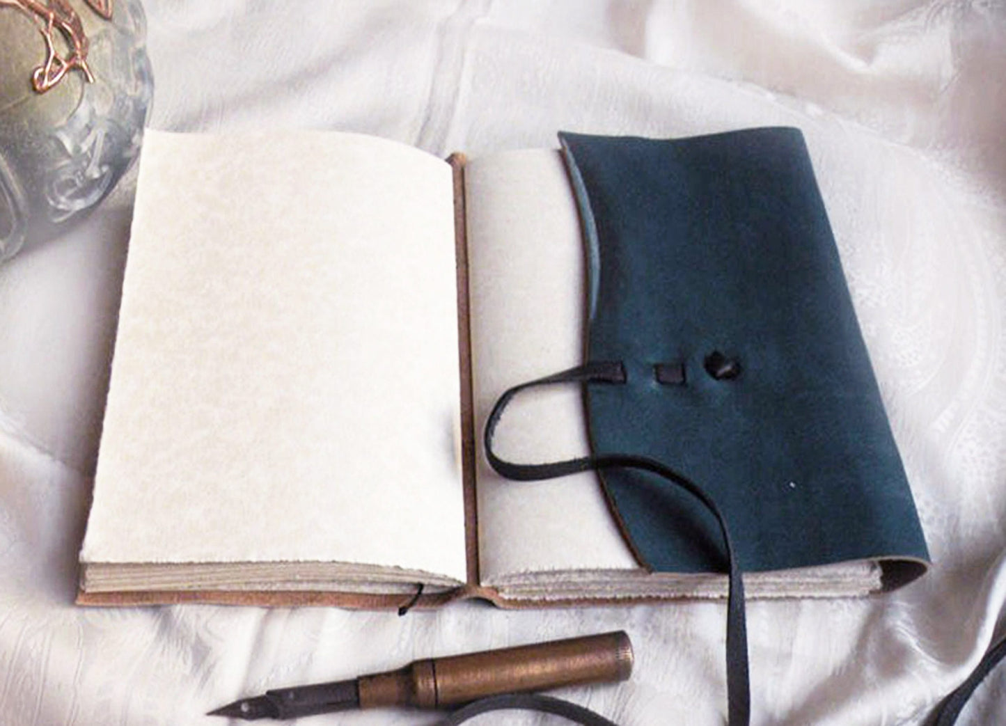 personalized leather journal, custom monogram, blue leather journal, vintage style paper, blue gray travel notebook