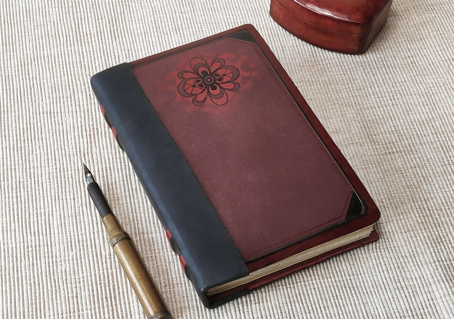 burgundy leather journal, vintage style pages, handmade leather journal, pocket leather diary, blank book, pocket travel journal