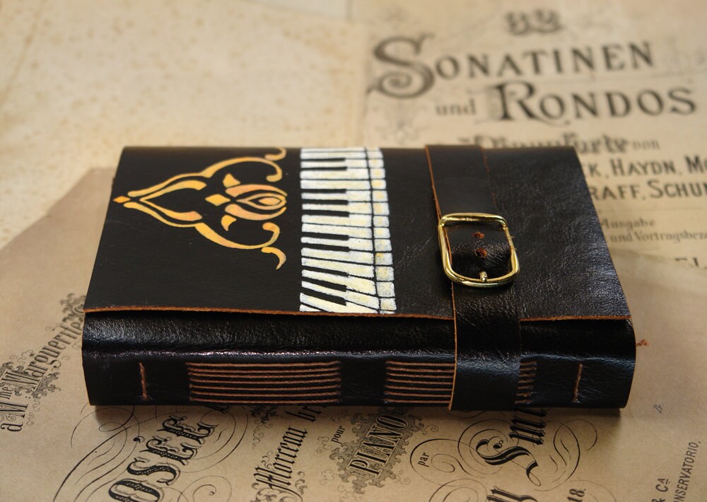 Piano - Black Leather Journal - Hand Painted Leather Cover Notebook, Vintage Style Old Paper - Andante Tranquillo