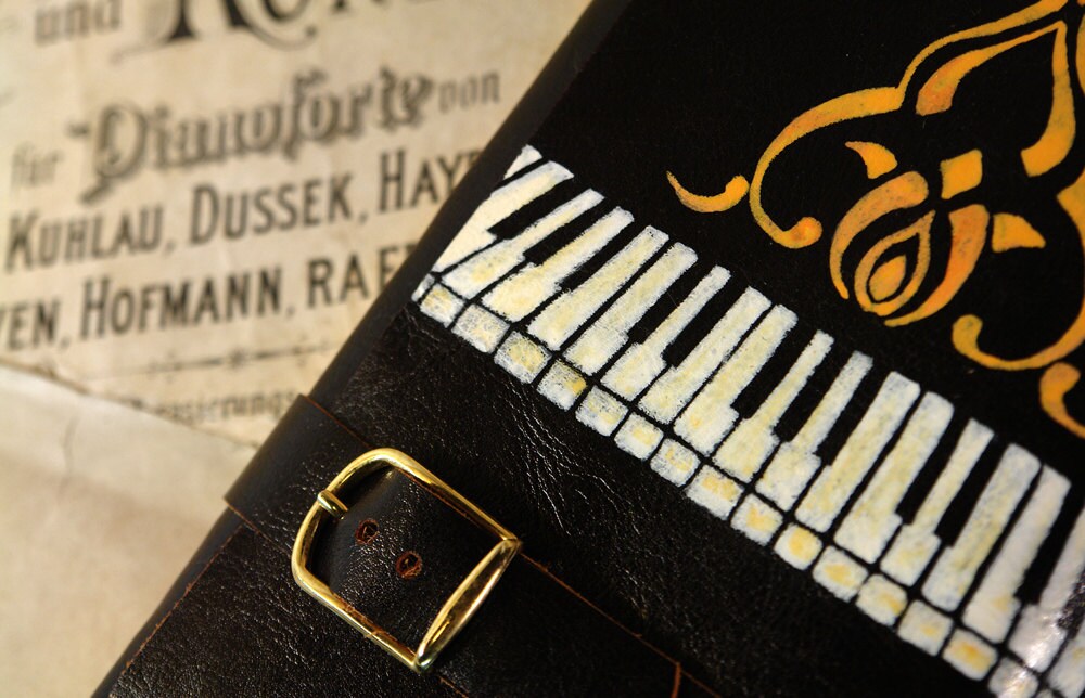 Piano - Black Leather Journal - Hand Painted Leather Cover Notebook, Vintage Style Old Paper - Andante Tranquillo