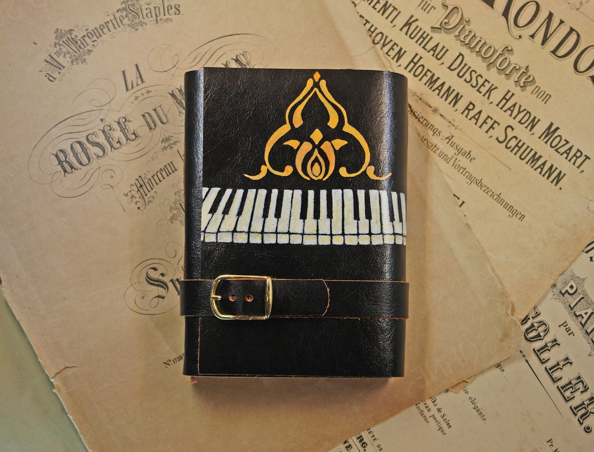 Piano - Black Leather Journal - Hand Painted Leather Cover Notebook, Vintage Style Old Paper - Andante Tranquillo