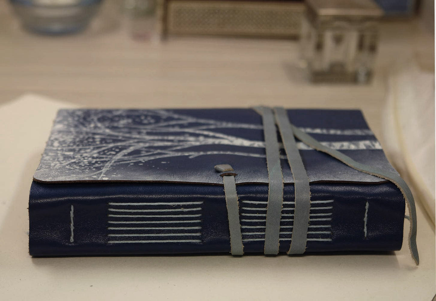 Romantic Blue Leather Journal, Nature Dream Journal with Night Tree, Dark Blue Poetry Notebook, Personalised Diary for Thoughts and Dreams