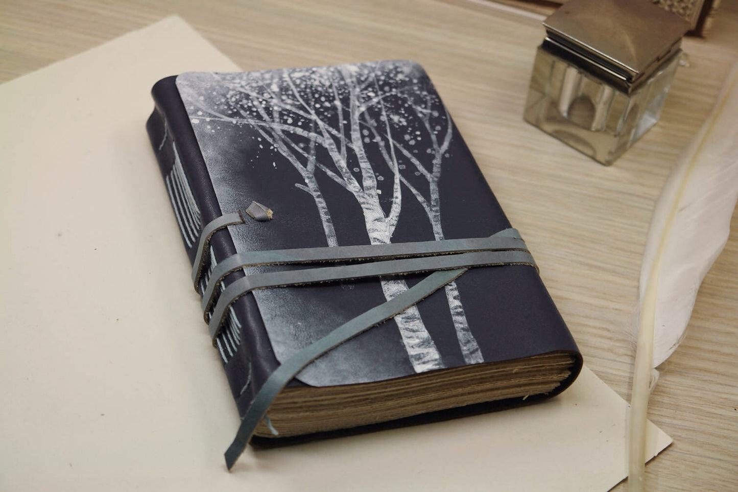 Romantic Blue Leather Journal, Nature Dream Journal with Night Tree, Dark Blue Poetry Notebook, Personalised Diary for Thoughts and Dreams