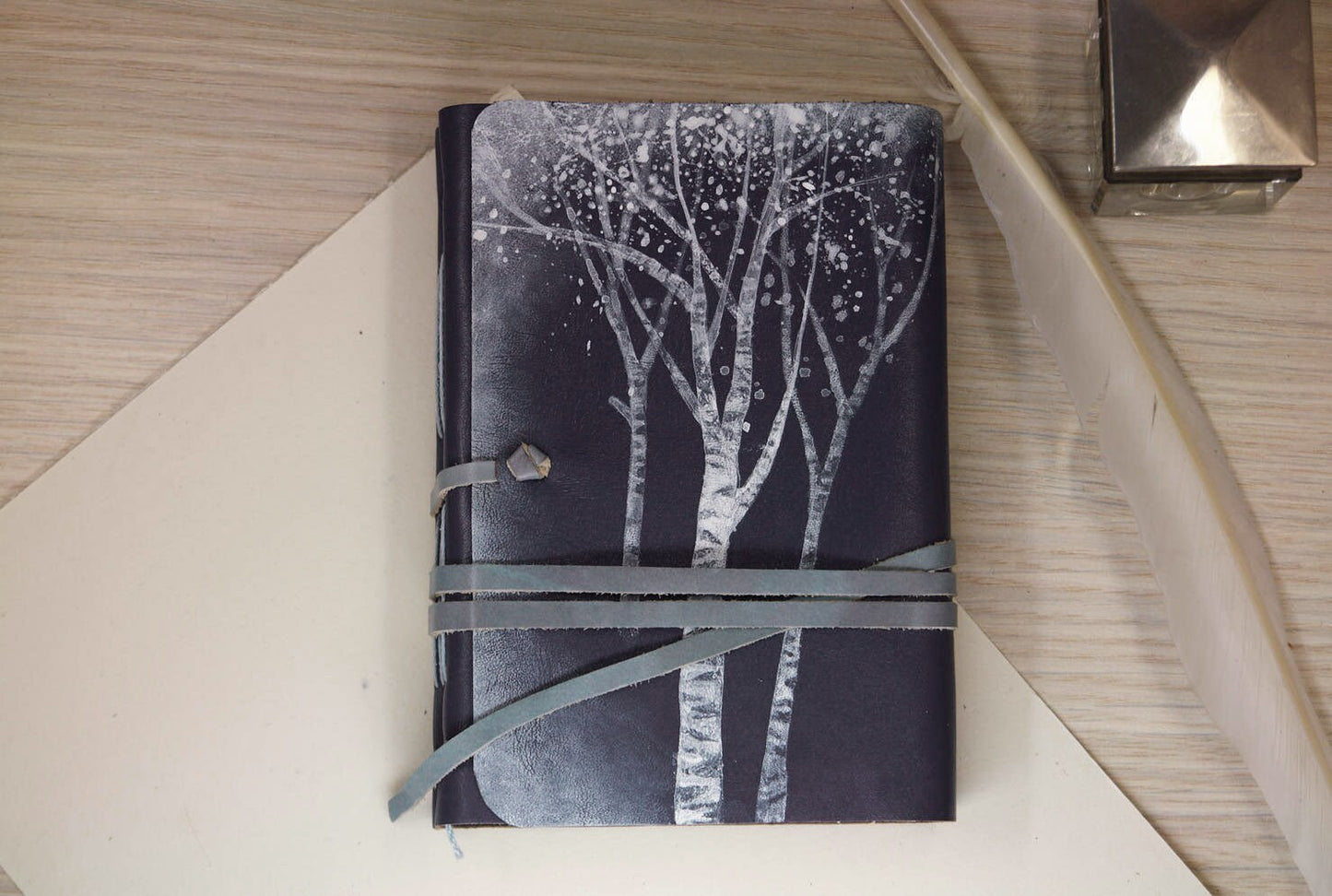 Romantic Blue Leather Journal, Nature Dream Journal with Night Tree, Dark Blue Poetry Notebook, Personalised Diary for Thoughts and Dreams