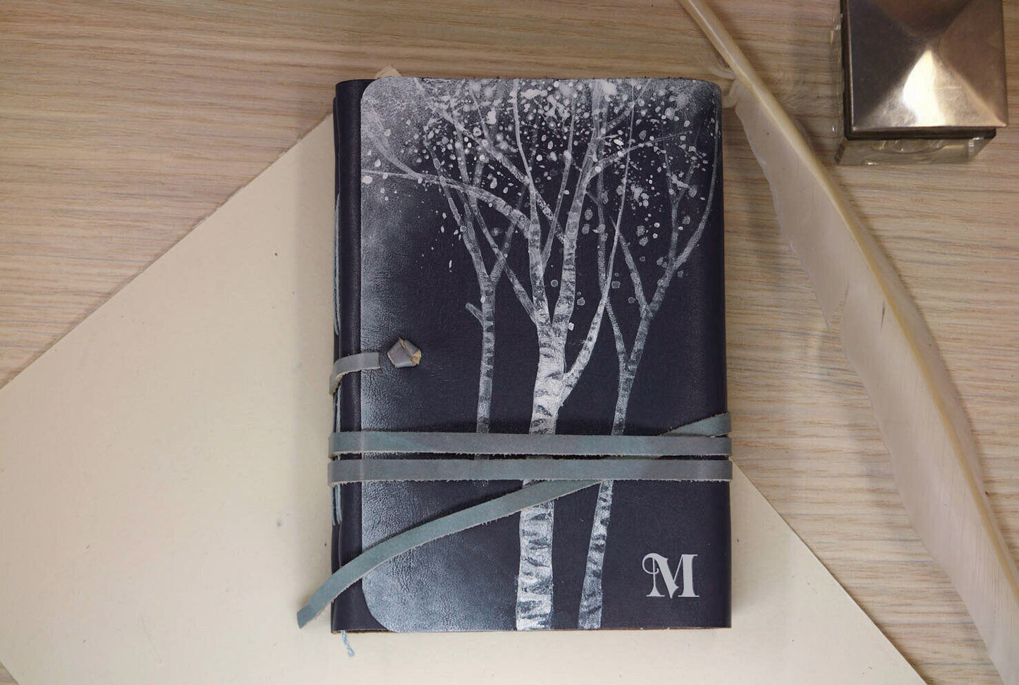 Romantic Blue Leather Journal, Nature Dream Journal with Night Tree, Dark Blue Poetry Notebook, Personalised Diary for Thoughts and Dreams