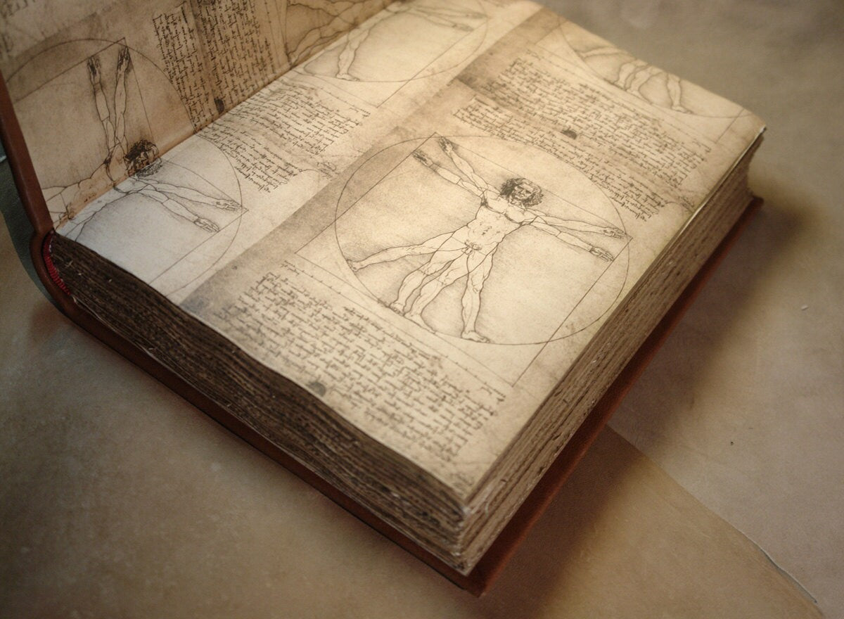 Hand Painted Leather Journal - Renaissance Large Book, Art Journal, Vintage Style Ribbed Spine, Old Paper - Study after Leonardo Da Vinci