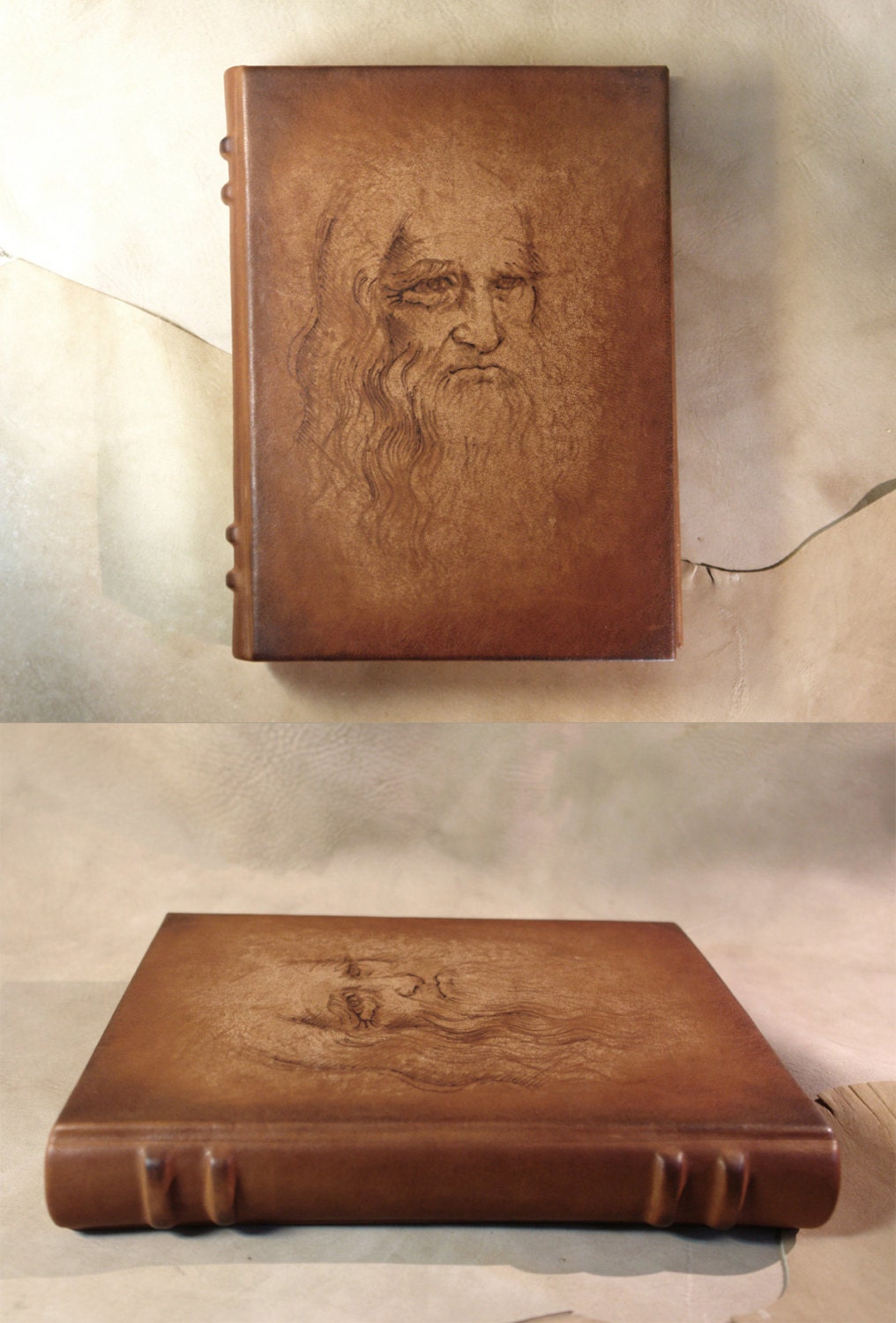 Hand Painted Leather Journal - Renaissance Large Book, Art Journal, Vintage Style Ribbed Spine, Old Paper - Study after Leonardo Da Vinci